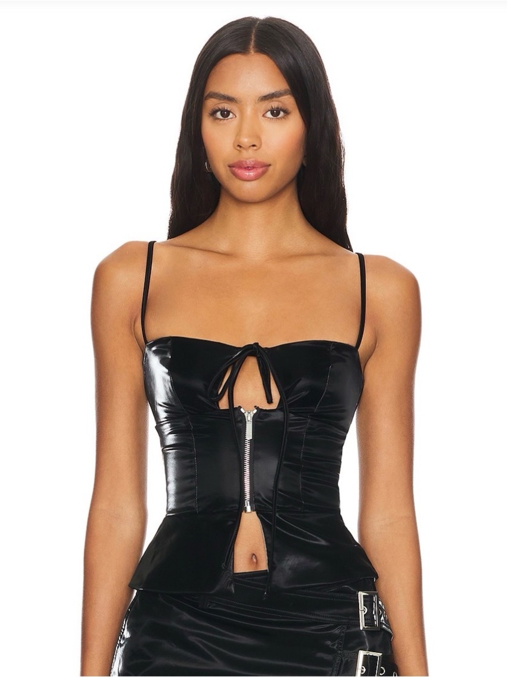 WeWoreWhat Black Satin Corset Top with Silver Zip and Lace-Up